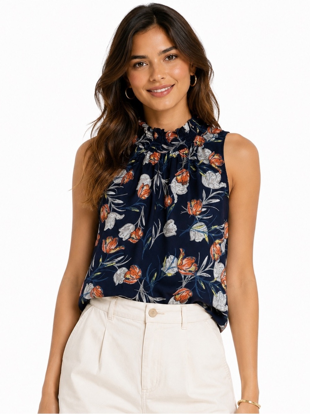 Daniel Rainn Sleeveless Smocked Mock Neck Navy Floral Blouse Top Size 8